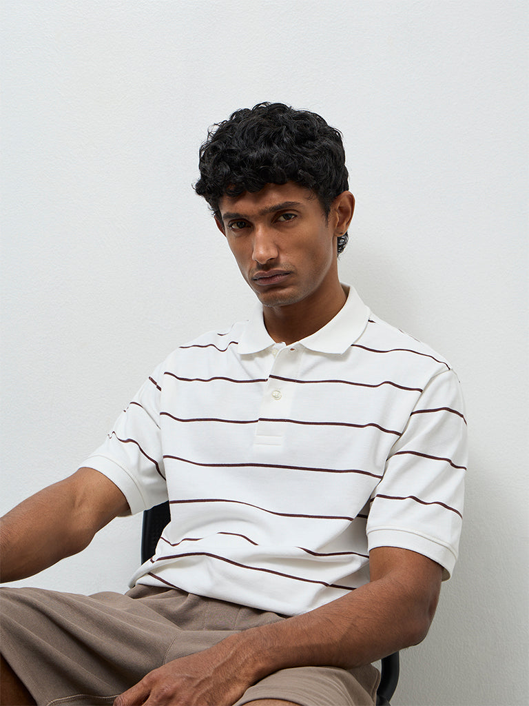 WES Casuals Off-White Striped Relaxed-Fit Cotton Polo T-Shirt