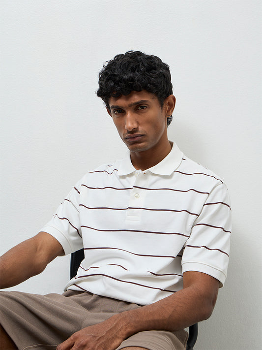 WES Casuals Off-White Striped Relaxed-Fit Cotton Polo T-Shirt