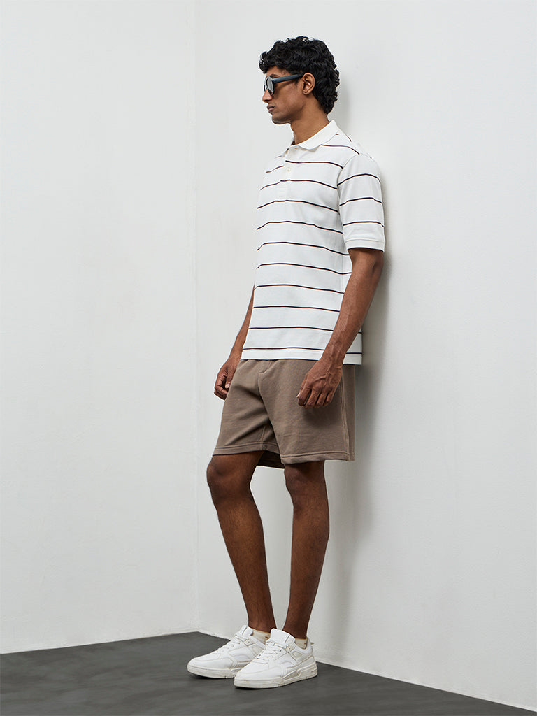 WES Casuals Off-White Striped Relaxed-Fit Cotton Polo T-Shirt