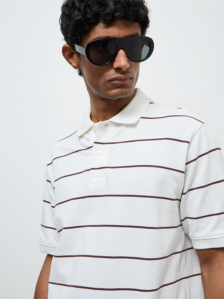 WES Casuals Off-White Striped Relaxed-Fit Cotton Polo T-Shirt