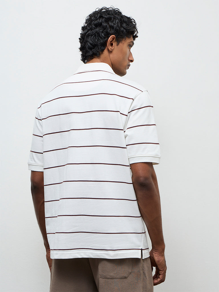 WES Casuals Off-White Striped Relaxed-Fit Cotton Polo T-Shirt