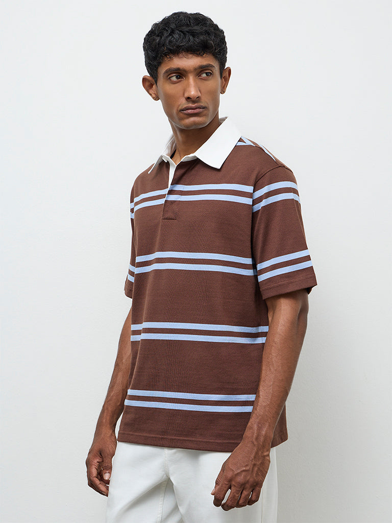 WES Casuals Brown Striped Relaxed-Fit Cotton Polo T-Shirt