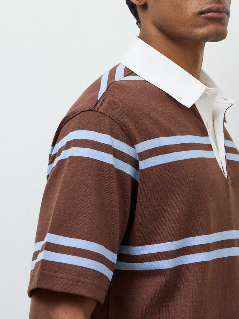 WES Casuals Brown Striped Relaxed-Fit Cotton Polo T-Shirt