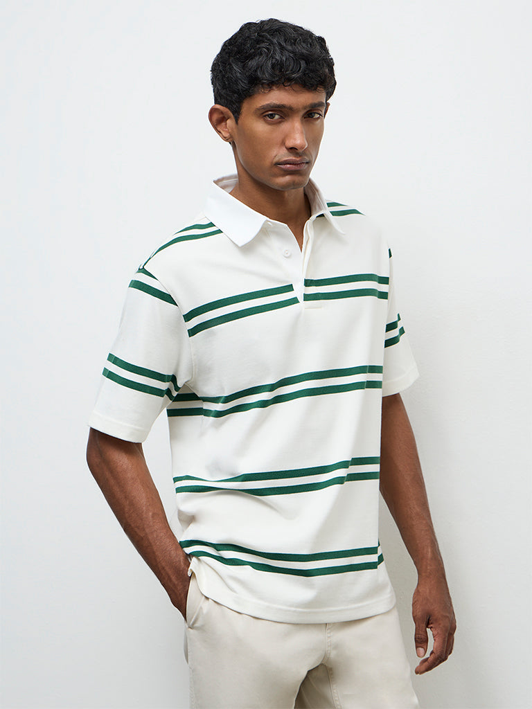 WES Casuals Off-White Striped Relaxed-Fit Cotton Polo T-Shirt