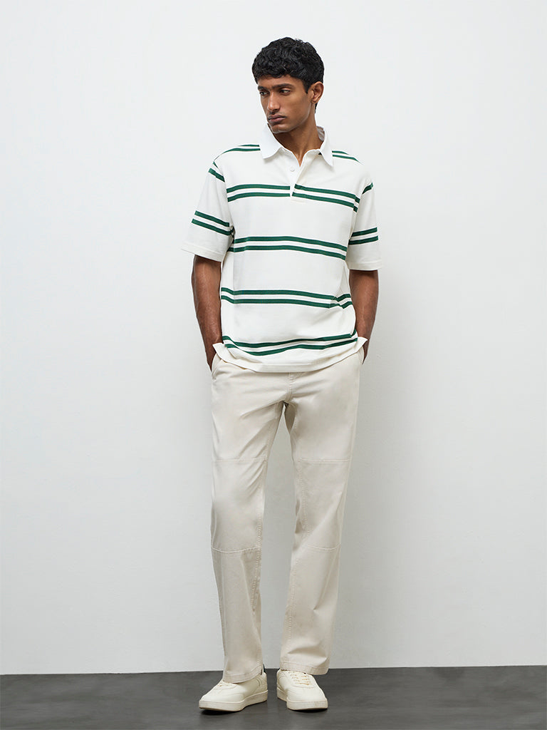 WES Casuals Off-White Striped Relaxed-Fit Cotton Polo T-Shirt