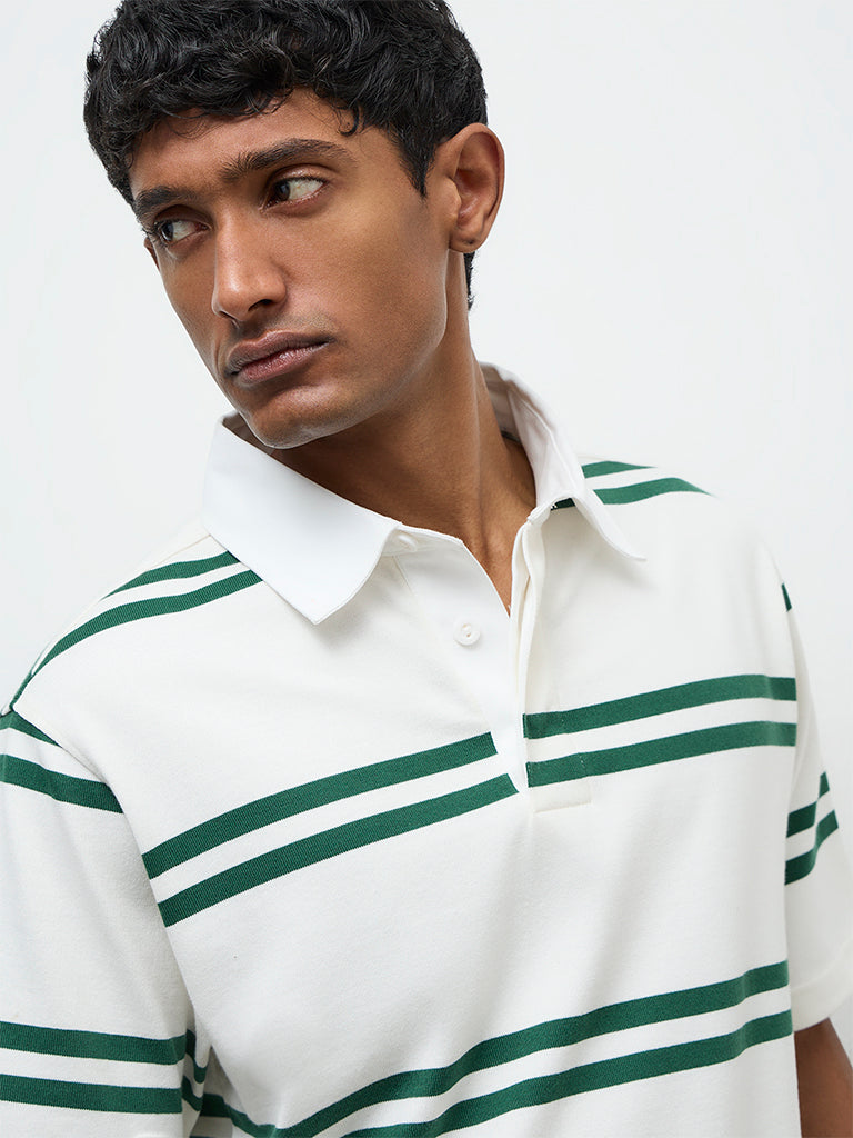 WES Casuals Off-White Striped Relaxed-Fit Cotton Polo T-Shirt