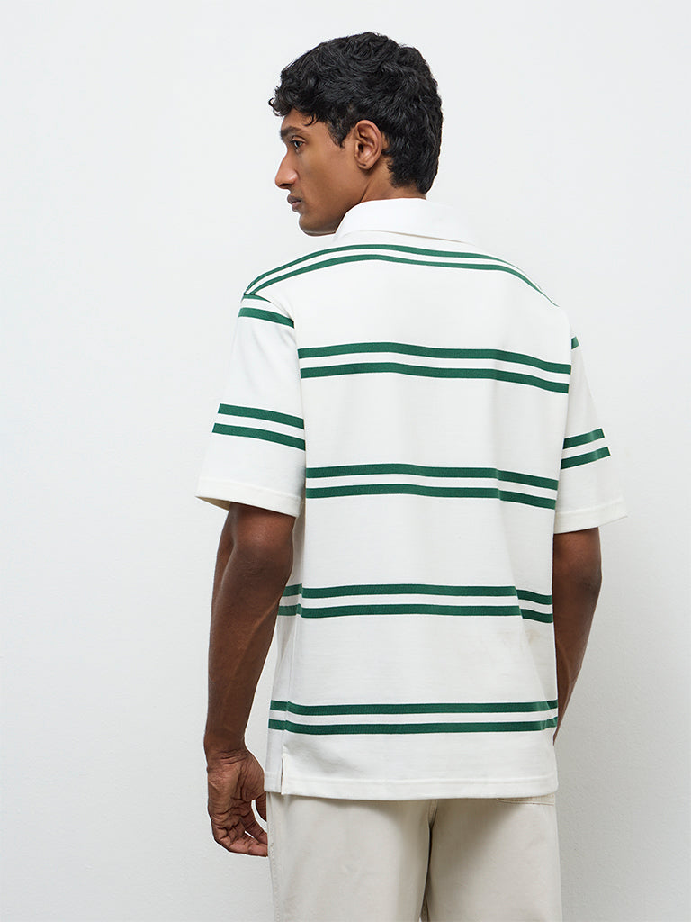 WES Casuals Off-White Striped Relaxed-Fit Cotton Polo T-Shirt