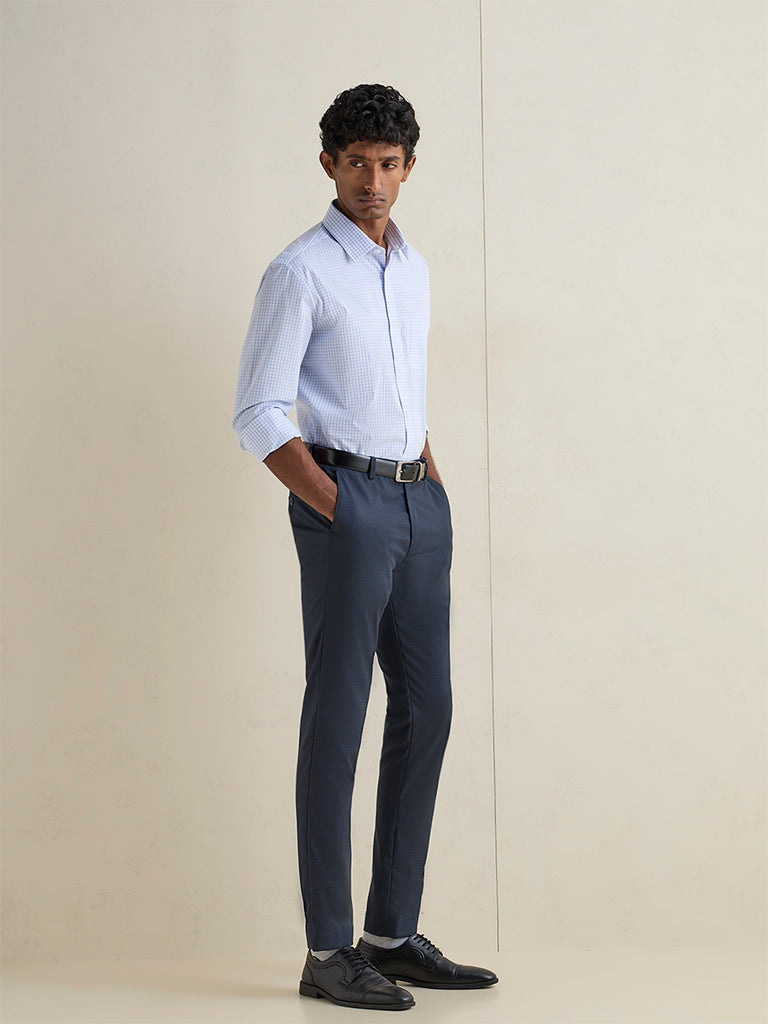 WES Formals Light Blue Checkered Cotton Relaxed-Fit Shirt