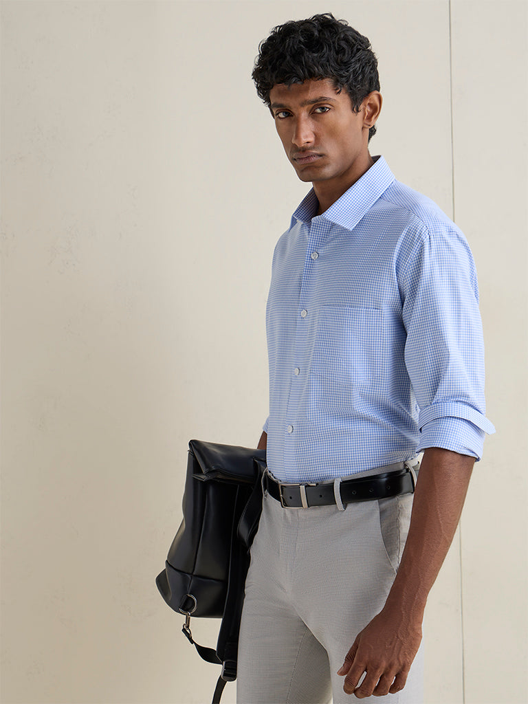 WES Formals Blue Checkered Relaxed-Fit Cotton Shirt