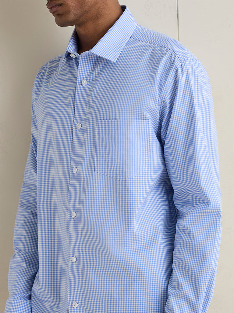 WES Formals Blue Checkered Relaxed-Fit Cotton Shirt