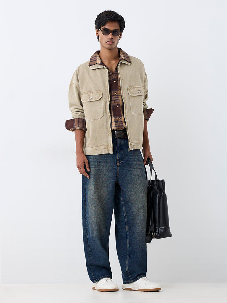Nuon Taupe Washed Oversized-Fit Denim Jacket