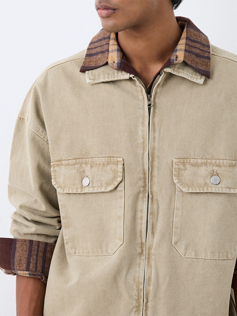 Nuon Taupe Washed Oversized-Fit Denim Jacket