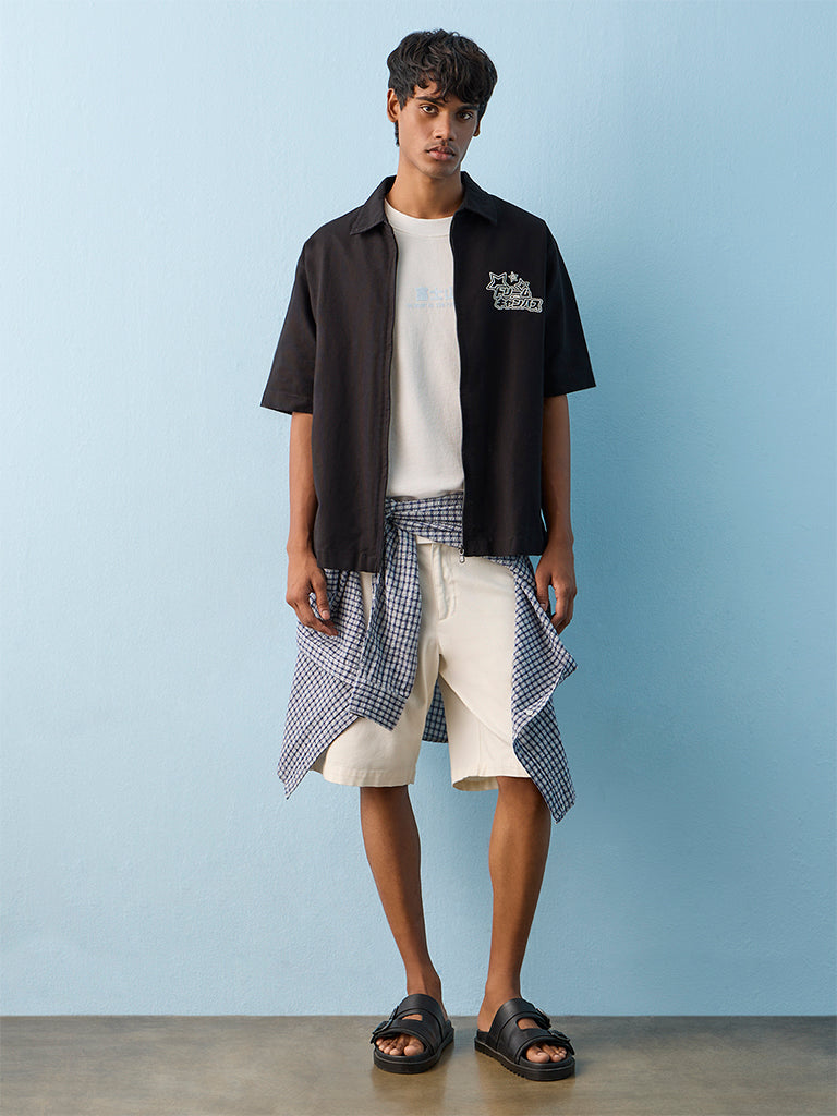 Nuon Black Japanese Inspired Cotton Relaxed-Fit Shirt
