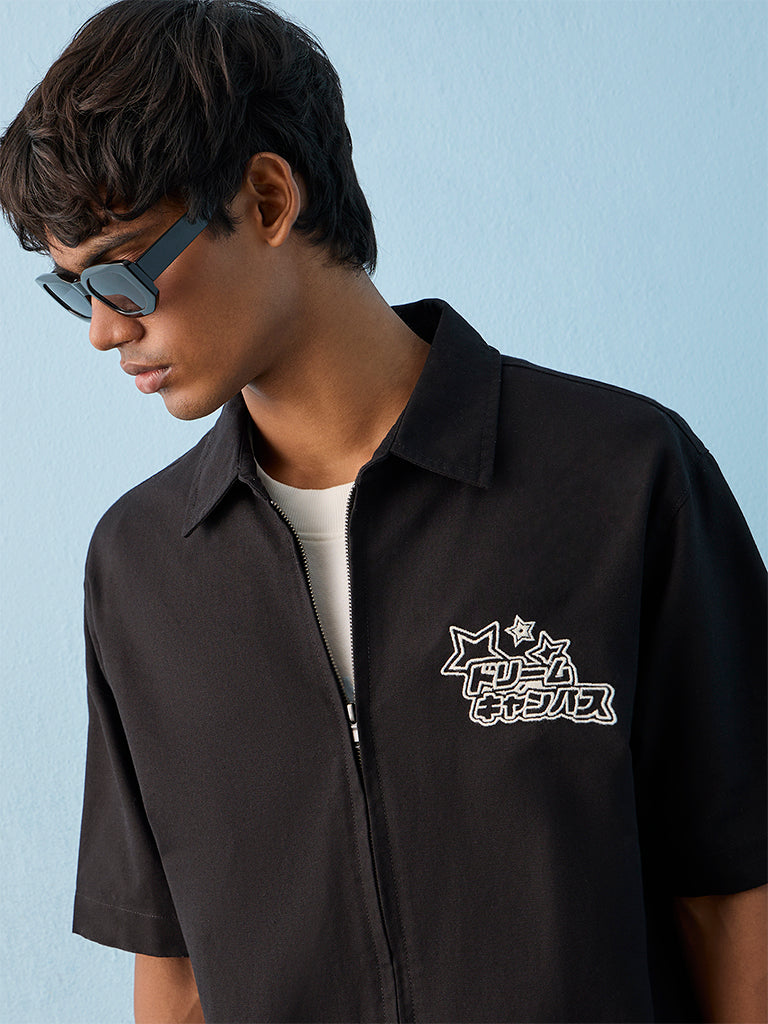 Nuon Black Japanese Inspired Cotton Relaxed-Fit Shirt