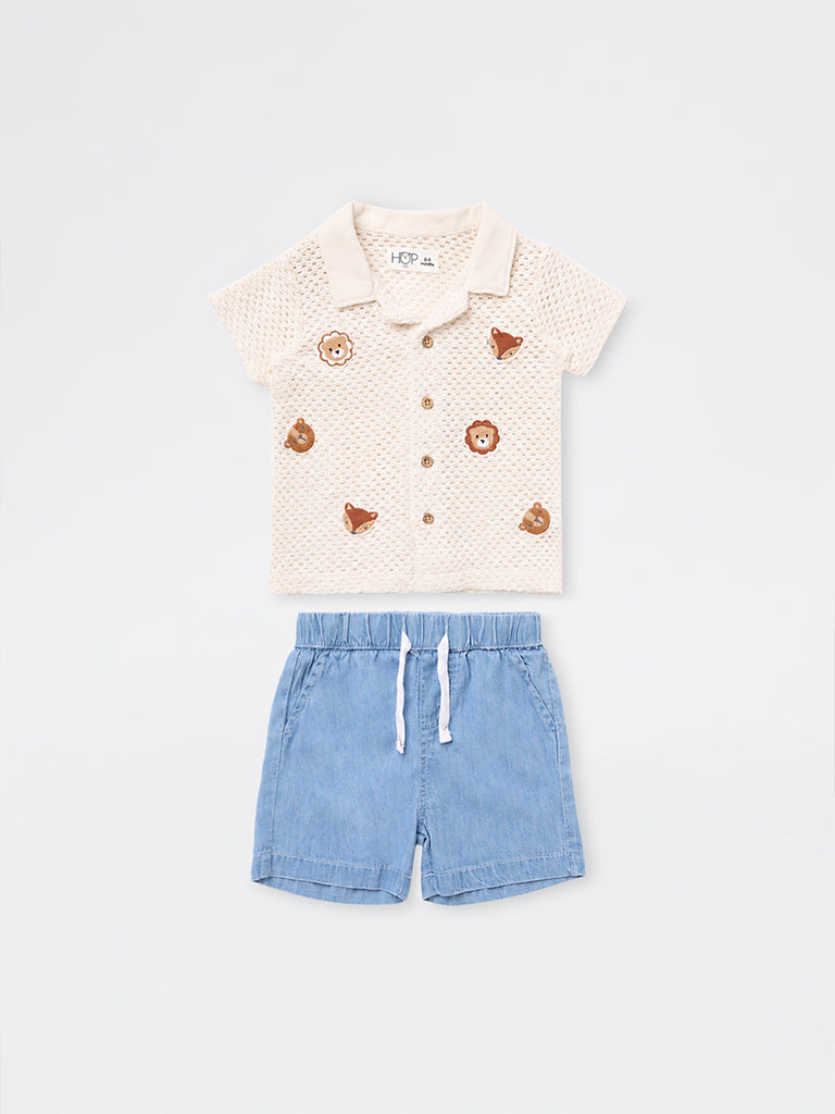 HOP Baby Boys White Crochet Knitted Cotton Shirt and Shorts Set