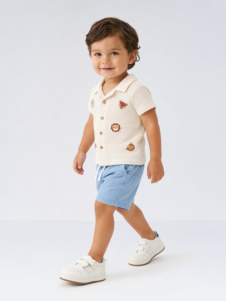 HOP Baby Boys White Crochet Knitted Cotton Shirt and Shorts Set