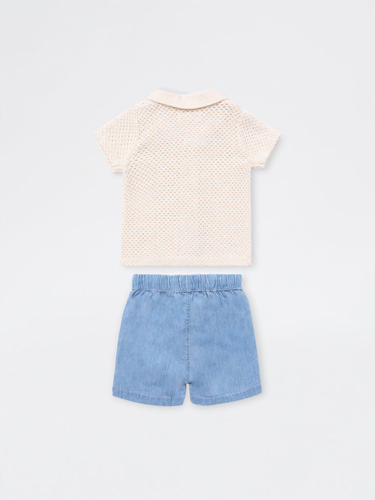 HOP Baby Boys White Crochet Knitted Cotton Shirt and Shorts Set