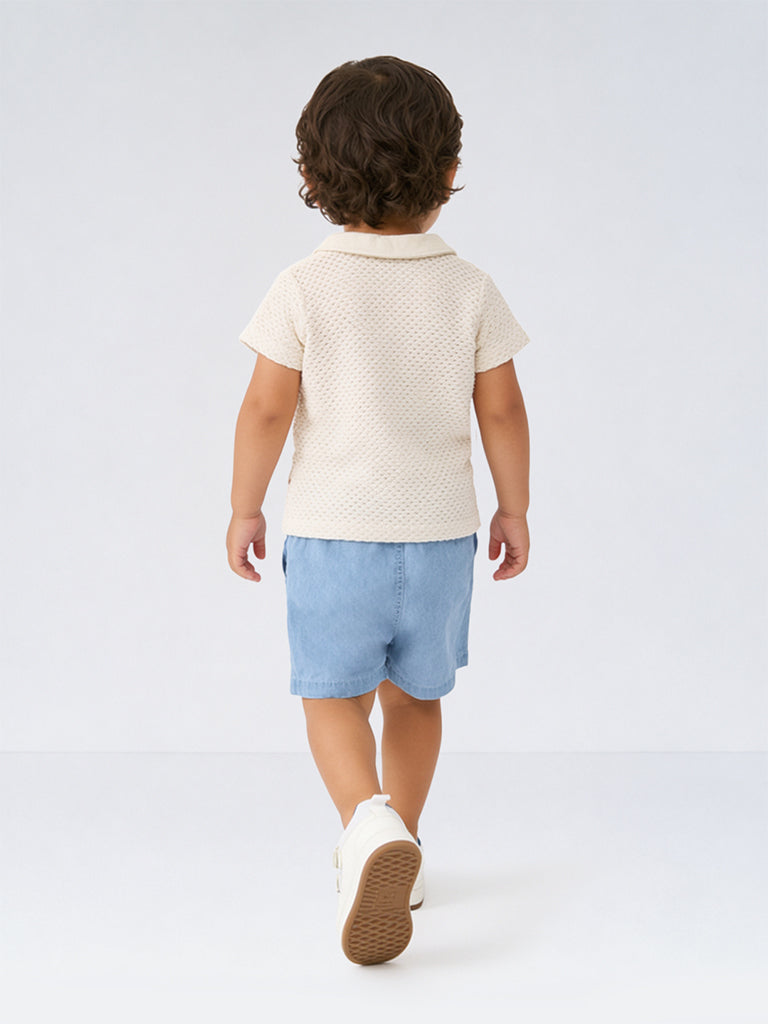 HOP Baby Boys White Crochet Knitted Cotton Shirt and Shorts Set