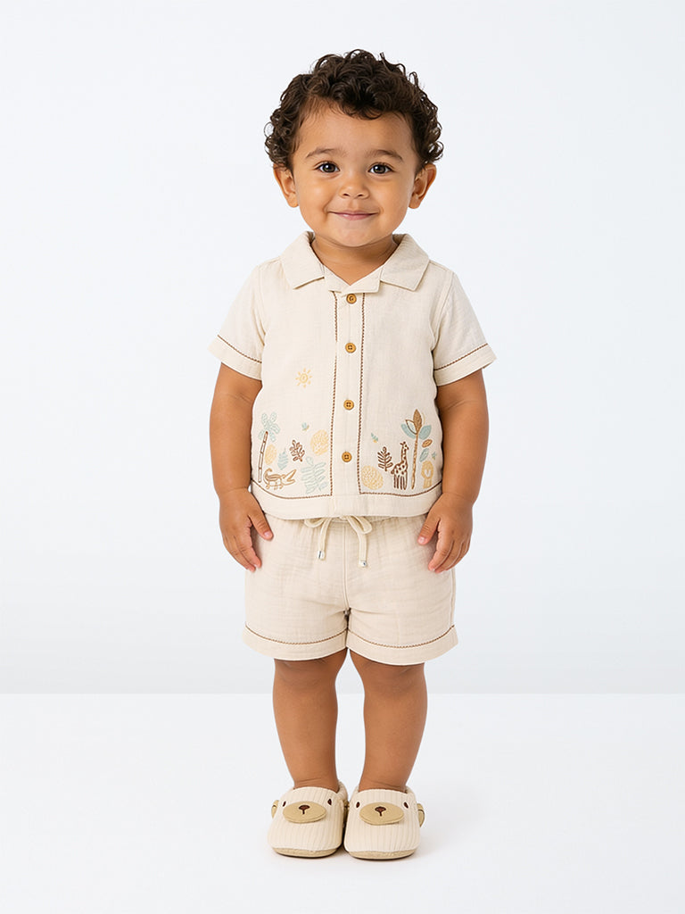 HOP Baby Boys Off-White Nature-Themed Cotton Shirt and Shorts Set