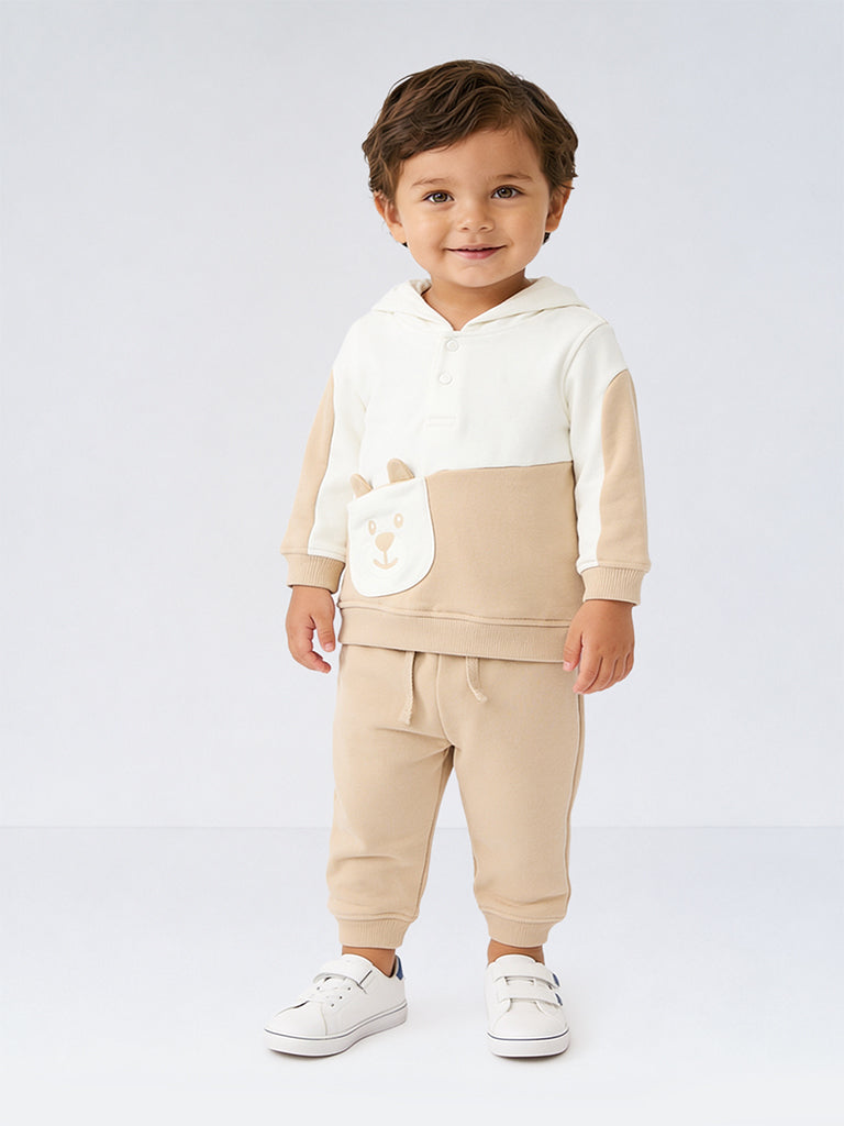 HOP Baby Boys Beige Colour-Blocked Cotton-Blend Sweatshirt and Pants Set