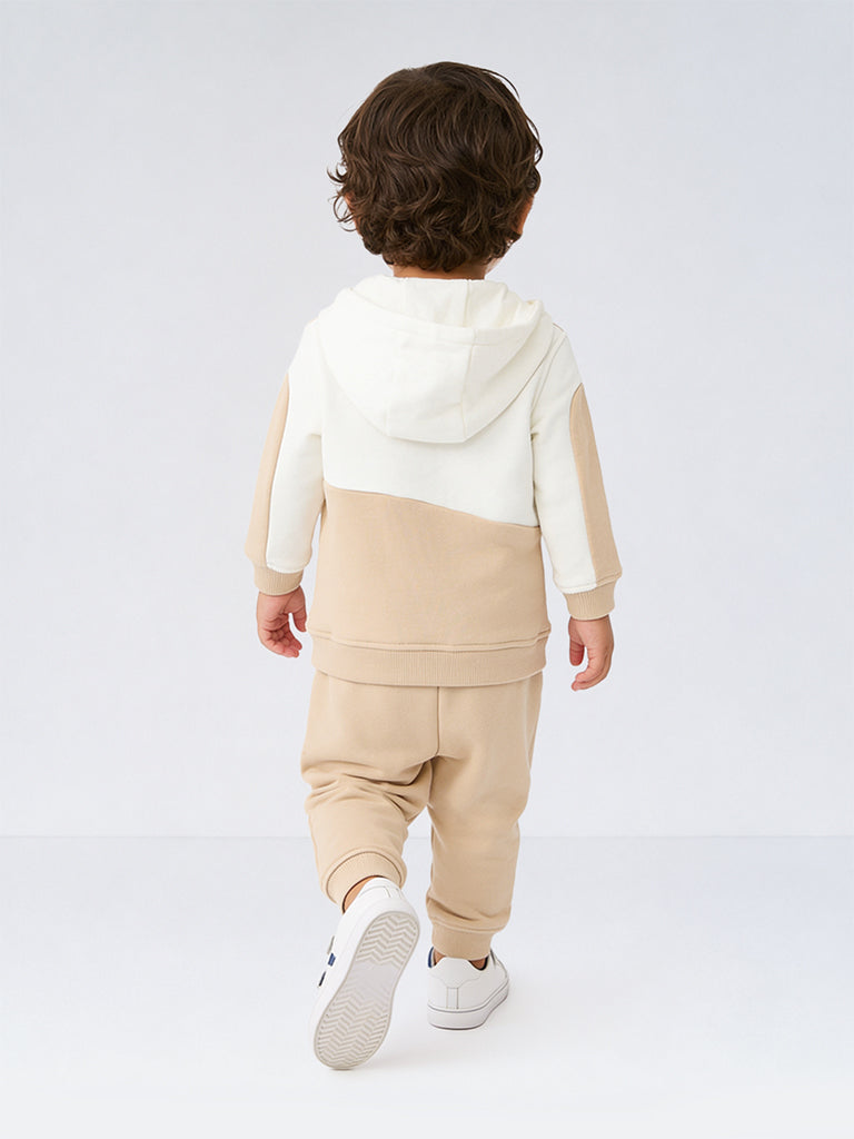 HOP Baby Boys Beige Colour-Blocked Cotton-Blend Sweatshirt and Pants Set