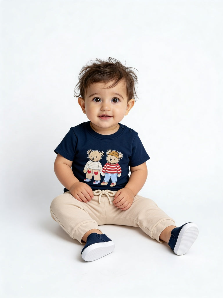 HOP Baby Boys Navy Printed Cotton T-Shirt and Pants Set