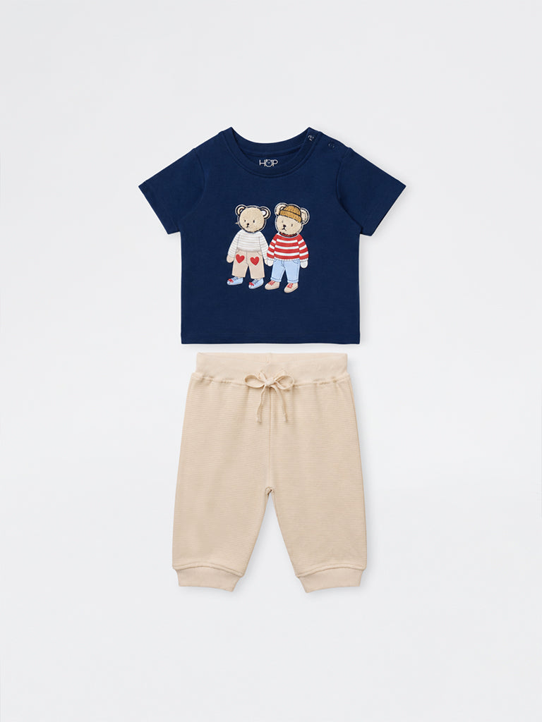 HOP Baby Boys Navy Printed Cotton T-Shirt and Pants Set