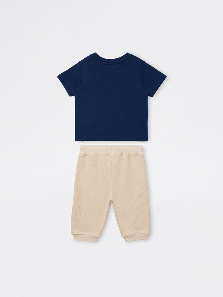 HOP Baby Boys Navy Printed Cotton T-Shirt and Pants Set