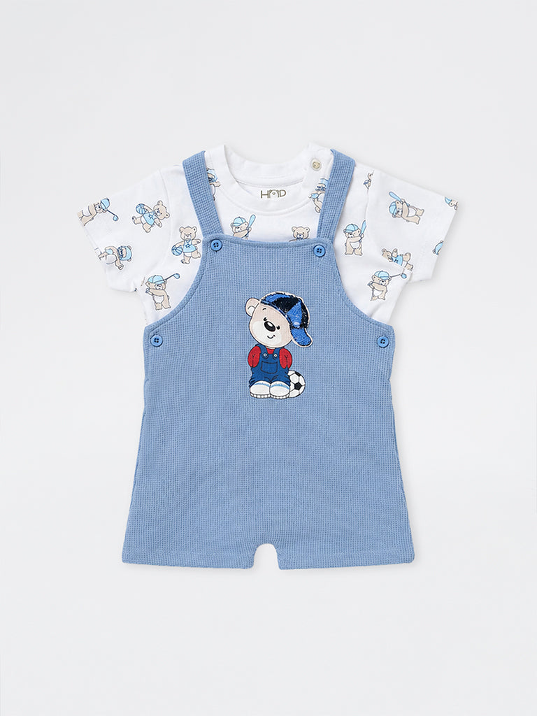 HOP Baby Boys Dusty Blue Waffle Textured Cotton Dungaree and T-Shirt Set