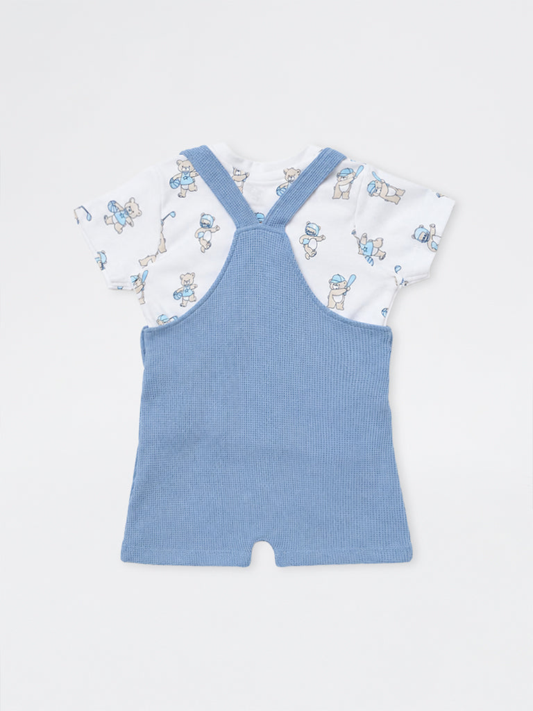 HOP Baby Boys Dusty Blue Waffle Textured Cotton Dungaree and T-Shirt Set