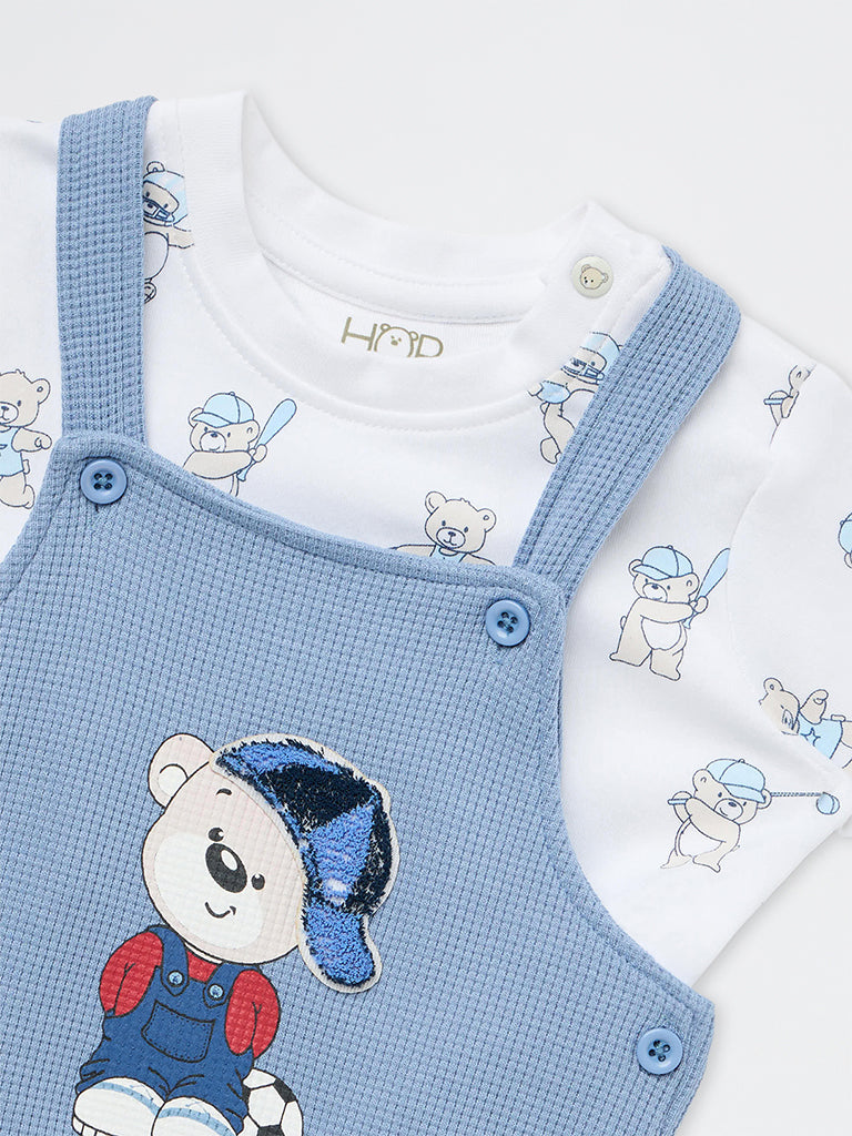 HOP Baby Boys Dusty Blue Waffle Textured Cotton Dungaree and T-Shirt Set
