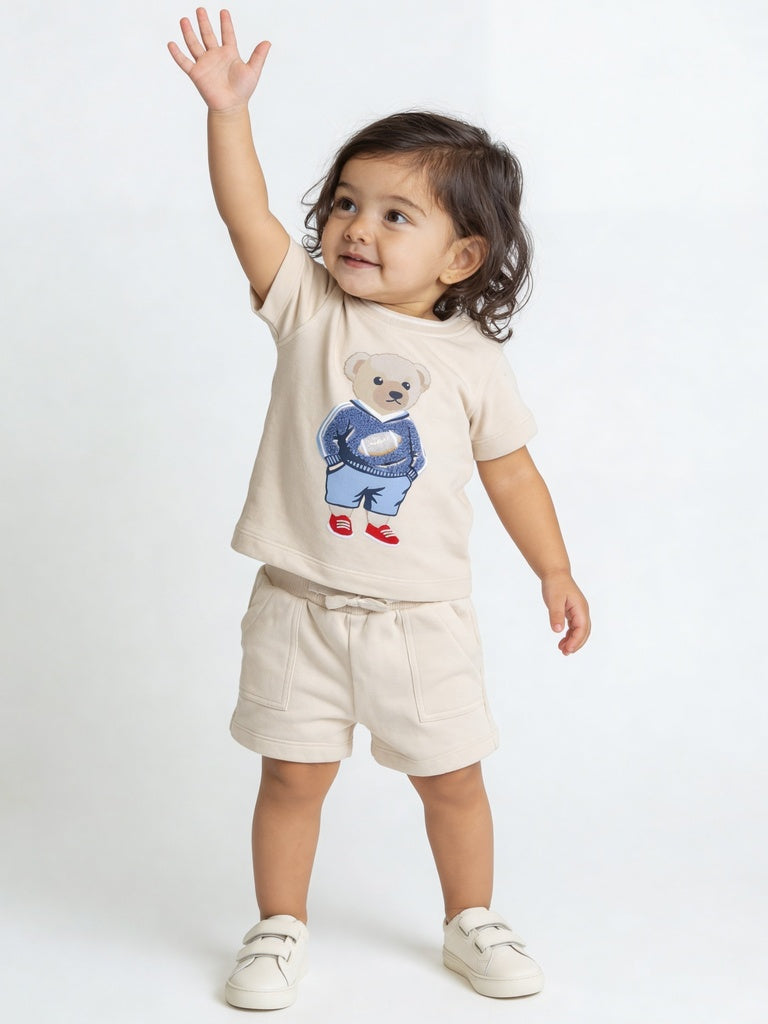 HOP Baby Boys Beige Cotton-Blend T-Shirt and Shorts Set