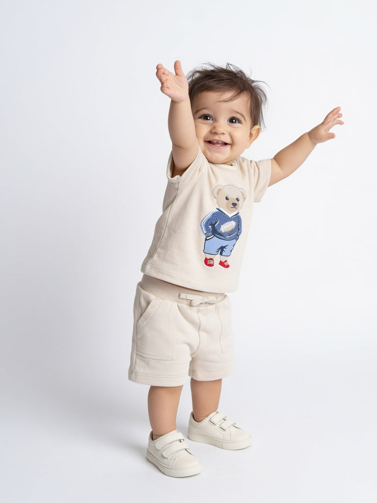 HOP Baby Boys Beige Cotton-Blend T-Shirt and Shorts Set