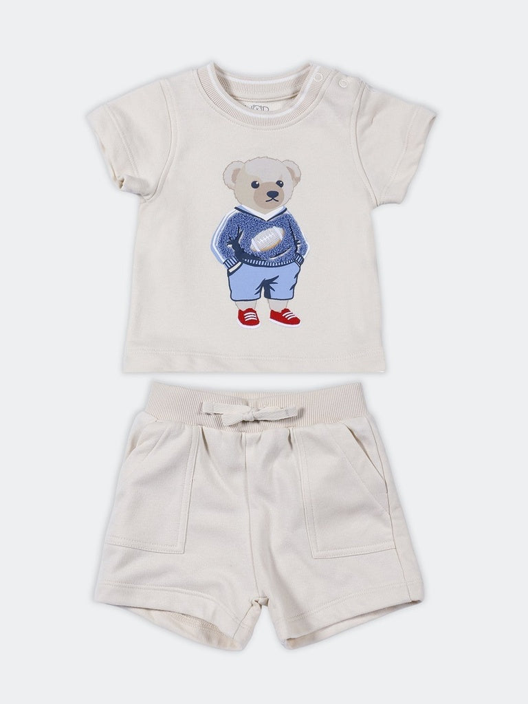 HOP Baby Boys Beige Cotton-Blend T-Shirt and Shorts Set