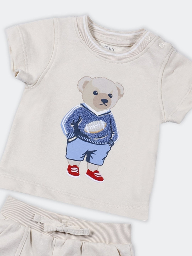 HOP Baby Boys Beige Cotton-Blend T-Shirt and Shorts Set