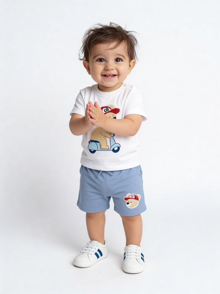 HOP Baby Boys White Cotton T-Shirt and Short Set