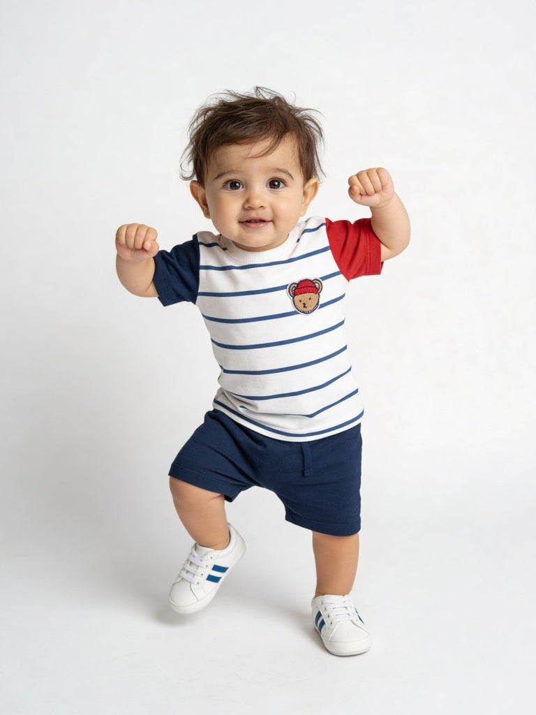 HOP Baby Boys Navy Blue Striped Cotton Regular Fit Tee And Shorts Set