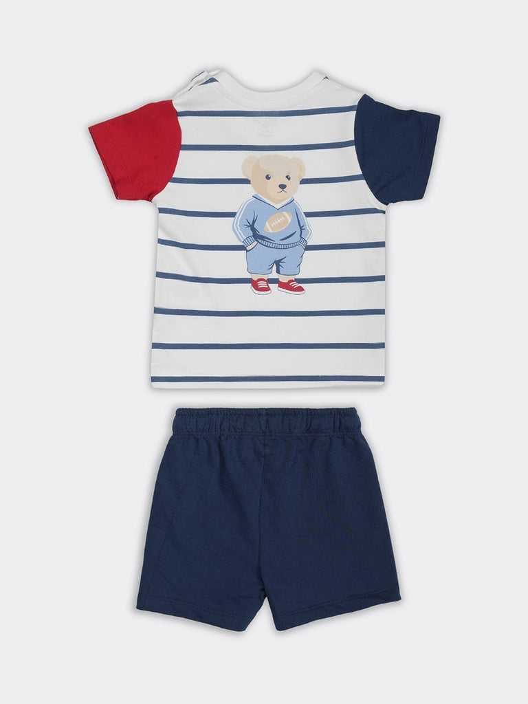 HOP Baby Boys Navy Blue Striped Cotton Regular Fit Tee And Shorts Set