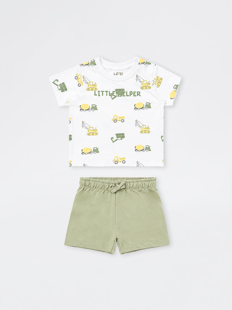 HOP Baby Boys White Printed Cotton T-Shirt and Shorts Set