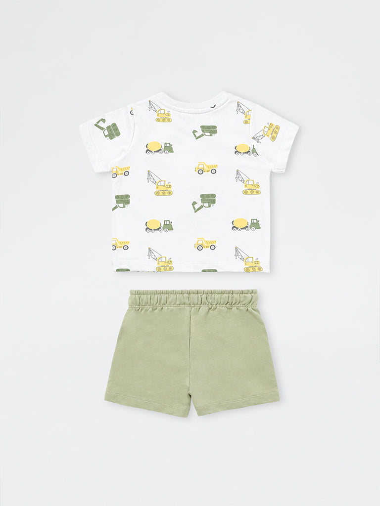 HOP Baby Boys White Printed Cotton T-Shirt and Shorts Set
