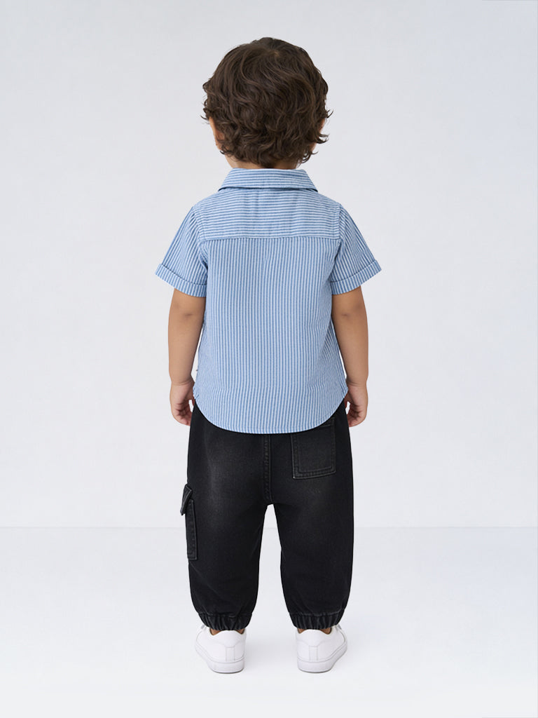 HOP Baby Boys Blue Embroidered Denim Shirt