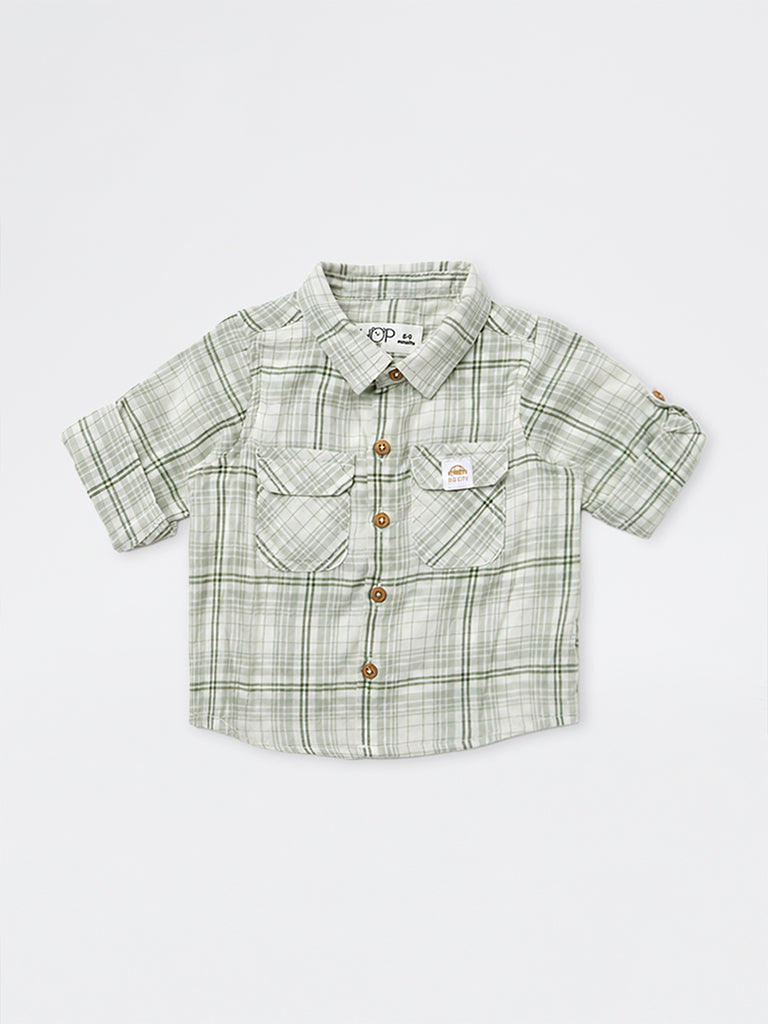 HOP Baby Boys Sage Green Checks Printed Cotton Shirt
