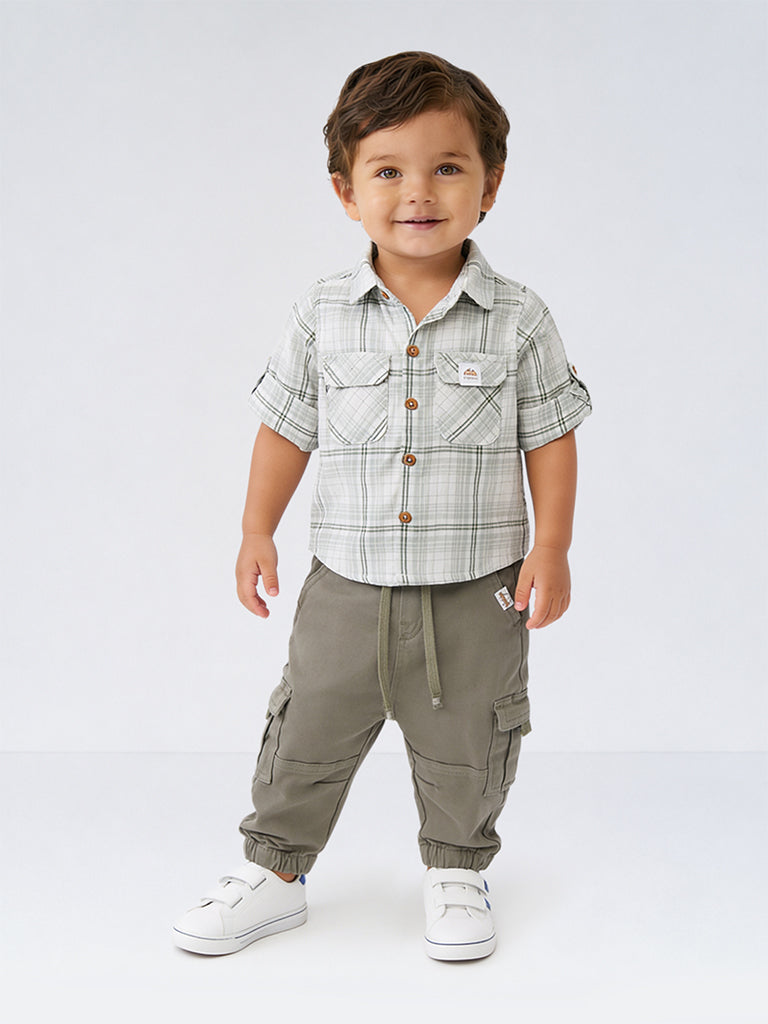 HOP Baby Boys Sage Green Checks Printed Cotton Shirt