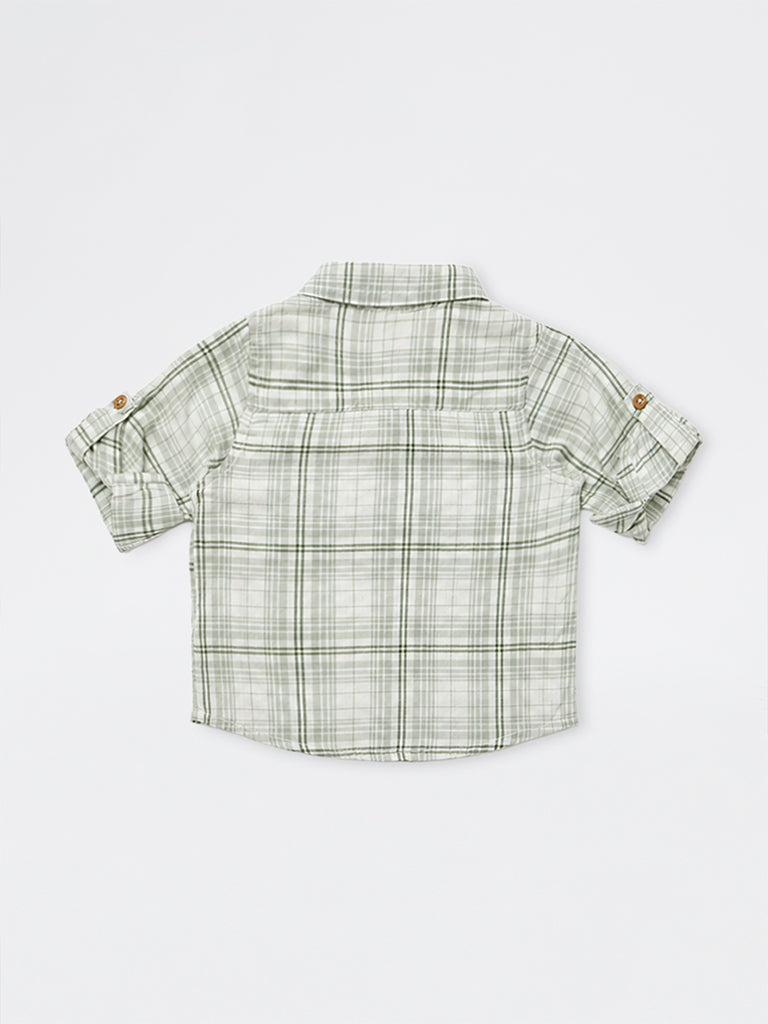 HOP Baby Boys Sage Green Checks Printed Cotton Shirt