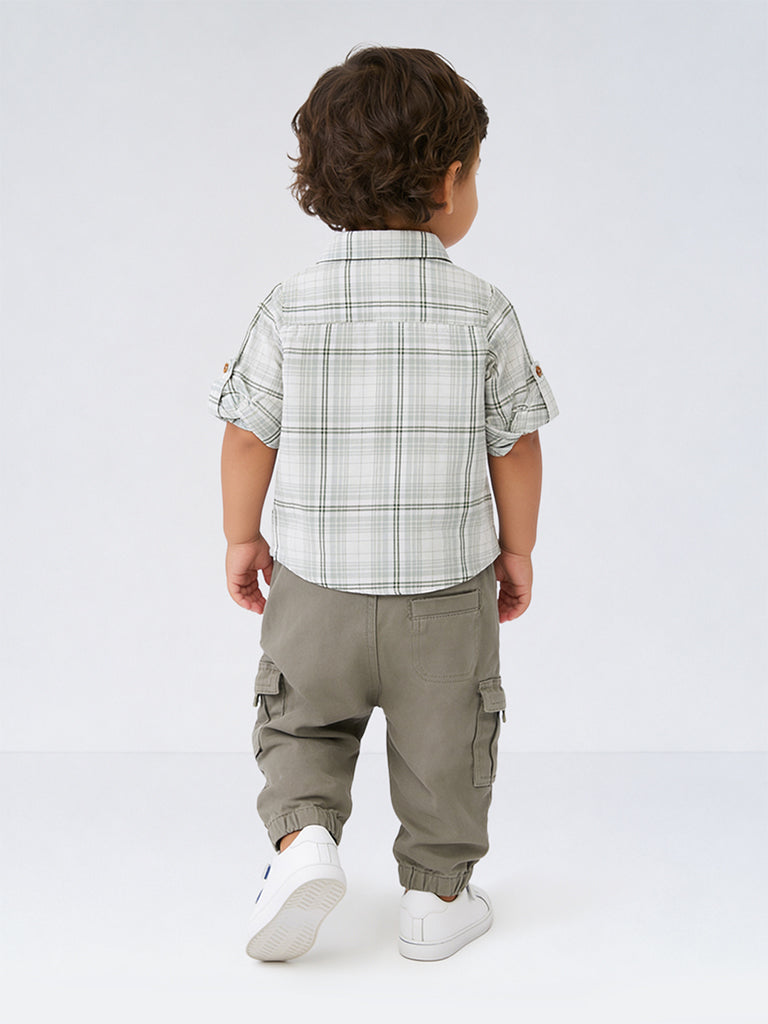 HOP Baby Boys Sage Green Checks Printed Cotton Shirt