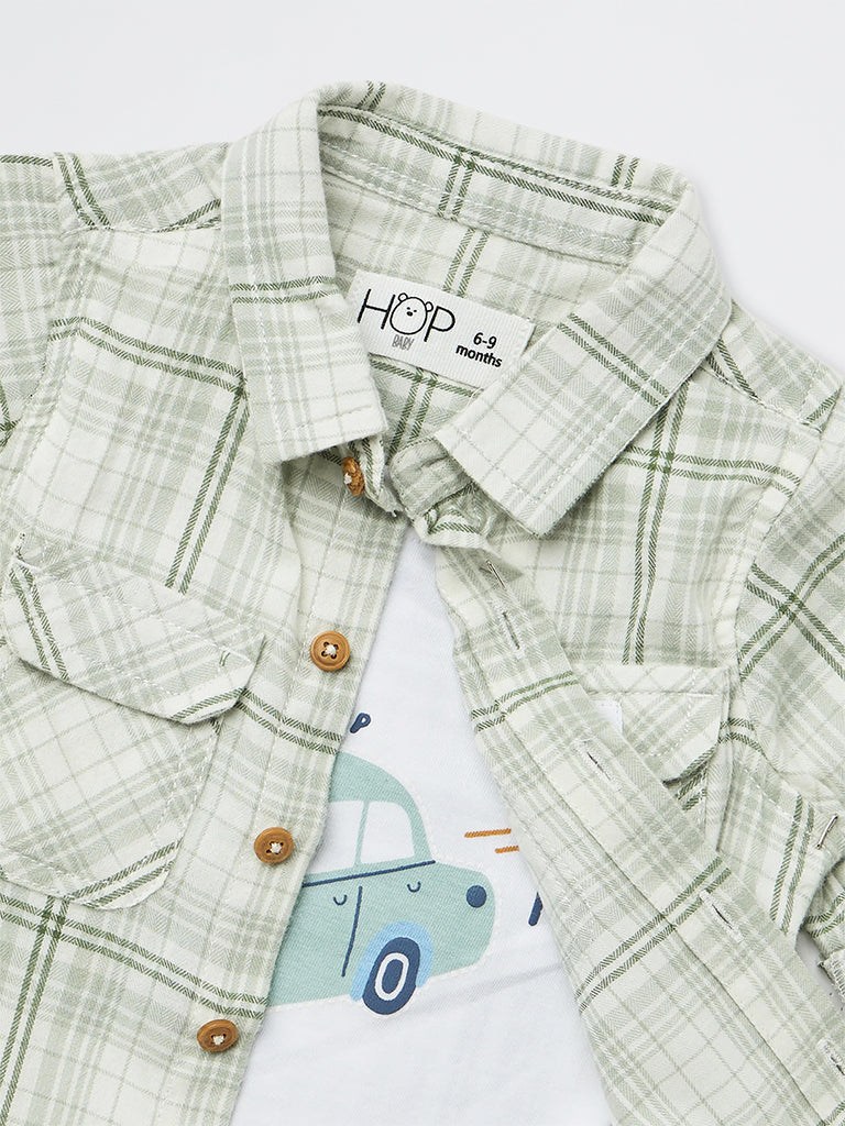 HOP Baby Boys Sage Green Checks Printed Cotton Shirt