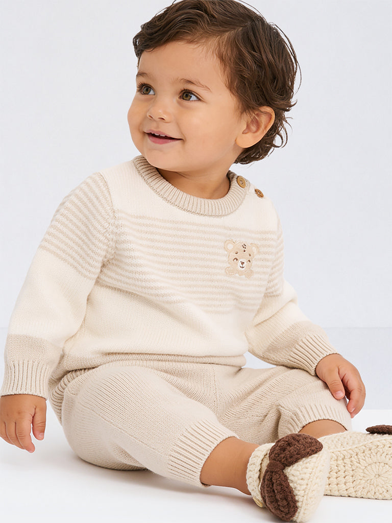 HOP Baby Boys Taupe Colour-Blocked Cotton Sweater and Pants Set