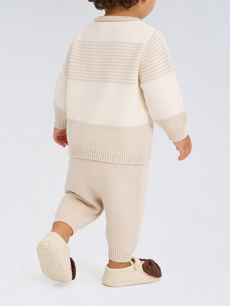 HOP Baby Boys Taupe Colour-Blocked Cotton Sweater and Pants Set