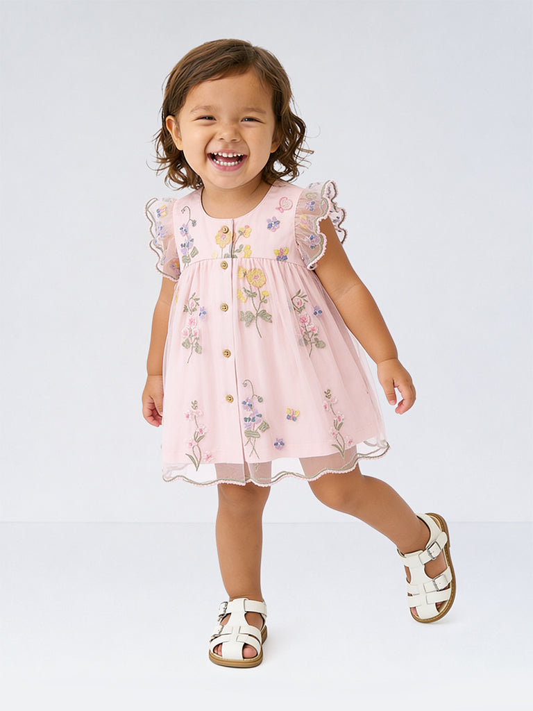 HOP Baby Girls Pink Floral Embroidered A-Line Dress
