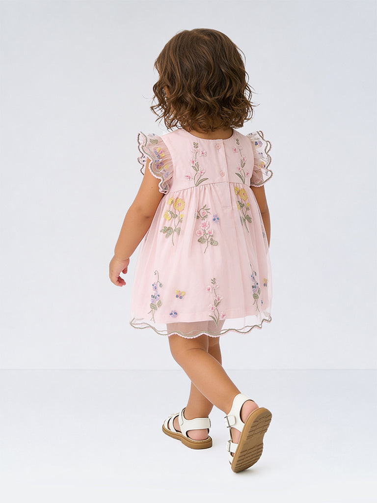 HOP Baby Girls Pink Floral Embroidered A-Line Dress